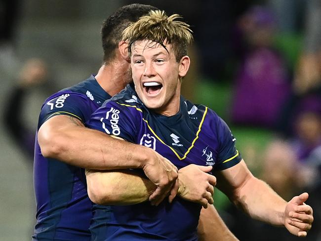 MELBOURNE, AUSTRALIA - APRIL 16:  Harry Grant of the Storm celebrates after scoring a try during the round six NRL match between the Melbourne Storm and the Sydney Roosters at AAMI Park on April 16, 2021, in Melbourne, Australia. (Photo by Quinn Rooney/Getty Images)