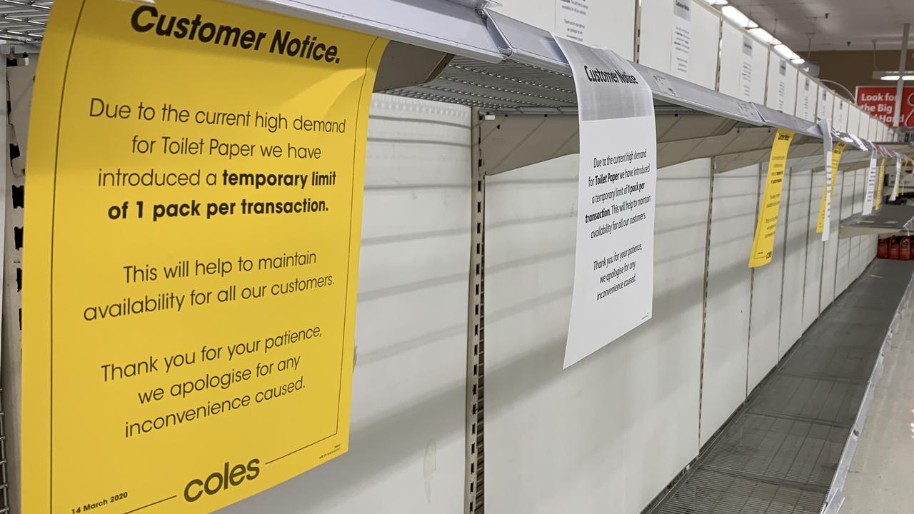 The supermarket giant has had to put a number of buying limits in place to stop people from hoarding supplies. Picture: News Corp Australia