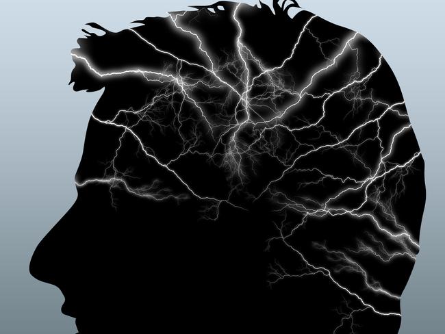 Artwork - generic image of head and brain. Silhouette of a man's head with electrical activity.