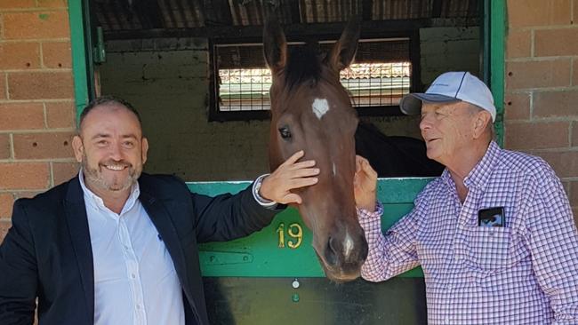 Gerry Harvey (right) with his mare Libertini along with her namesake, his good friend Mario Libertini.