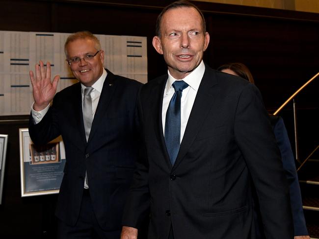 Prime Minister Scott Morrison and Tony Abbott arrive. Picture: AAP’s Bianca De Marchi