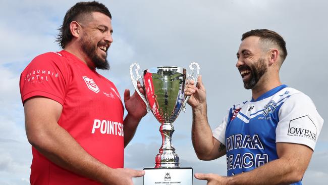 Currumbin A-Grade captain Jarrod Gill and Tugun A-Grade captain Will Johnstone ready to do battle for the trophy in the Rugby League Gold Coast grand final. Picture Glenn Hampson