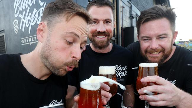 Black Hops Brewing Co founders Eddie Oldfield , Dan Norris and Michael McGovern pictured at their Burleigh business. Picture Mike Batterham