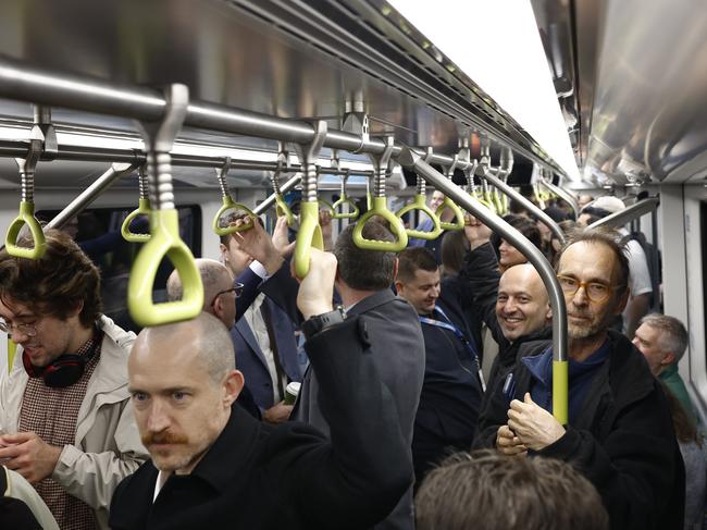 Dozens of passengers packed onto Sydney’s new Metro on Monday morning. Picture: Richard Dobson