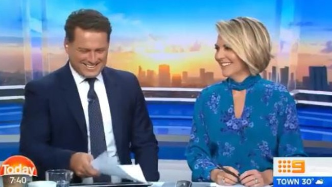 Karl couldn't contain his laughter at Beattie's gaff. Picture: The Today Show/Twitter
