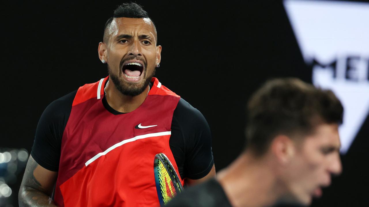 Nick Kyrgios in action with Thanasi Kokkinakis. Picture: Michael Klein