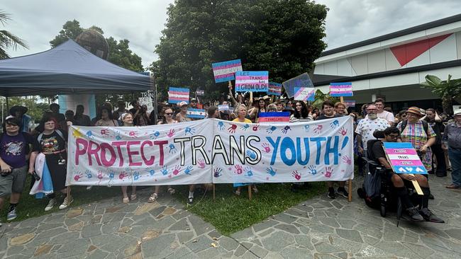 The Cairns trans community and their supporters turned out in force to protest a pause on puberty blockers and hormone treatment for people under the age of 18 by the Queensland Government. Photo: Dylan Nicholson