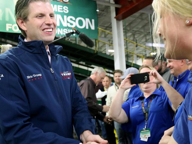 Eric Trump campaigns on behalf of his dad and said he doesn’t think there would be a problem if the results are “legit and fair”. Picture: Dan Reiland/The Eau Claire Leader-Telegram via AP