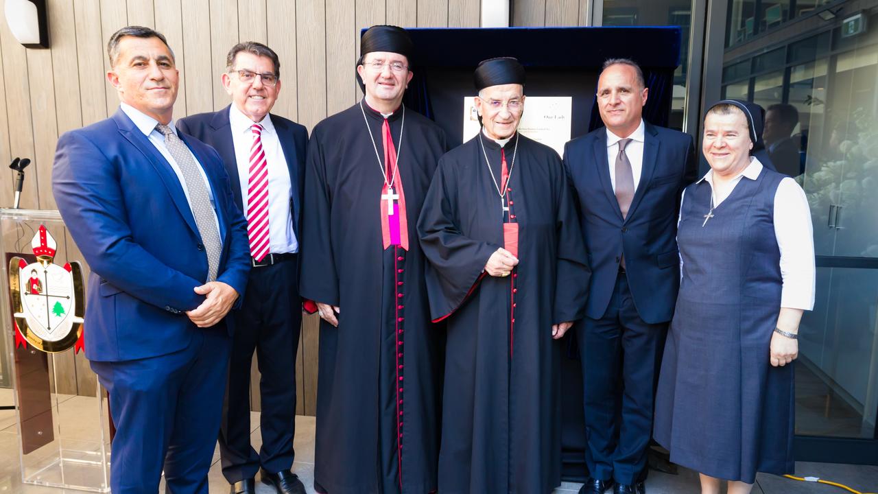 Our Lady Aged Care Centre board members Harry Touma and Peter El Khouri with Bishop Antoine-Charbel Tarabay and Maronite Patriarch Bechara Boutros Cardinal Rai, with board chairman Barry Barakat and Sister Elham Geagea. Picture: Peter Taouk