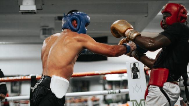 Tim Tszyu spars Kevin Johnson at the Mayweather Boxing Gym in Las Vegas. Picture: No Limit Boxing