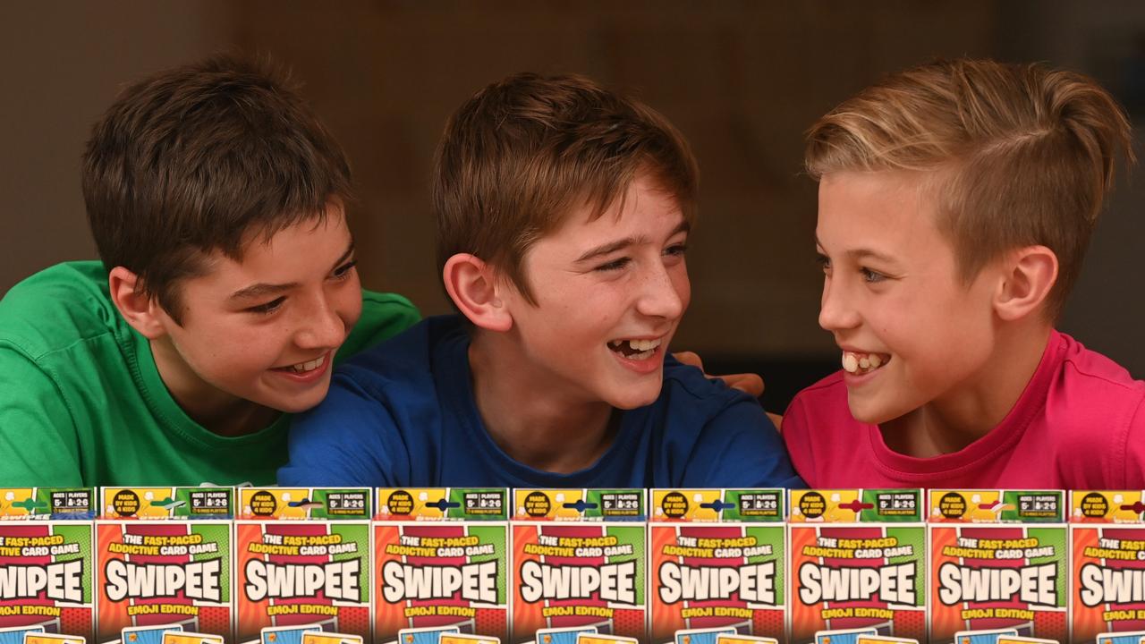 Three Adelaide Hills students — Ben Logan, Sam Hawkes and Jacob Brumby — have invented a new card game called Swipee and have signed a global deal to sell it. Picture: Keryn Stevens