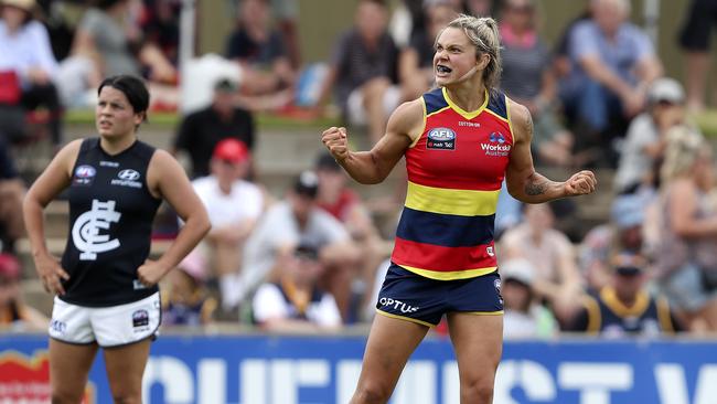 Crows AFLW midfielder Anne Hatchard celebrates a goal during the clash with Carlton this past season. Picture: Sarah Reed