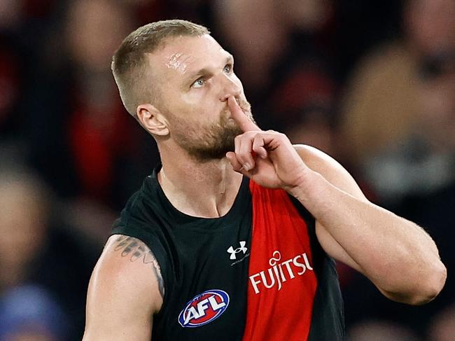 MELBOURNE, AUSTRALIA - JUNE 23: Jake Stringer of the Bombers celebrates a goal during the 2024 AFL Round 15 match between the Essendon Bombers and the West Coast Eagles at Marvel Stadium on June 23, 2024 in Melbourne, Australia. (Photo by Michael Willson/AFL Photos via Getty Images)