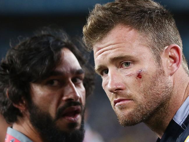 SYDNEY, AUSTRALIA - OCTOBER 01:  Gavin Cooper of the Cowboys and Jonathan Thurston look dejected after defeat in the 2017 NRL Grand Final match between the Melbourne Storm and the North Queensland Cowboys at ANZ Stadium on October 1, 2017 in Sydney, Australia.  (Photo by Mark Metcalfe/Getty Images)