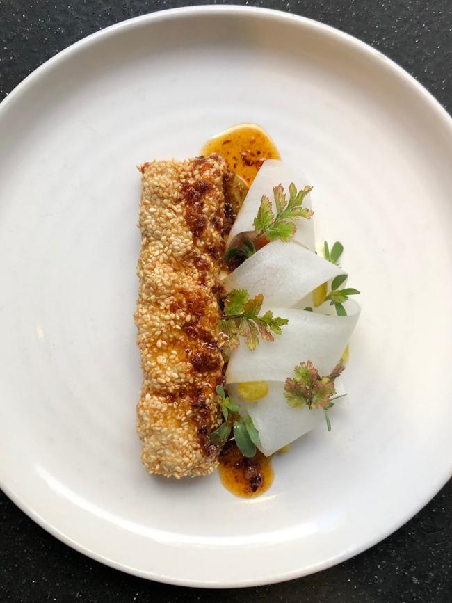 Yarra Valley’s Oakridge delivers this retro-delicious plate of crocodile toast with xo, daikon radish and desert lime.