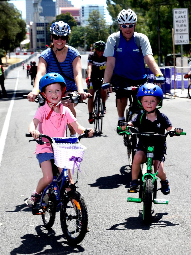 Hannah, Susan, Andrew and Joel ride the Bupa Family Ride in Adelaide's East End. Photo: Calum Robertson.