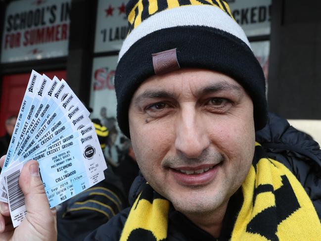 Footy fans line up for finals tickets at Ticketek in the city. One of the first in line to get tickets is Dino Krommydas. Monday, September 17. 2018. Picture: David Crosling