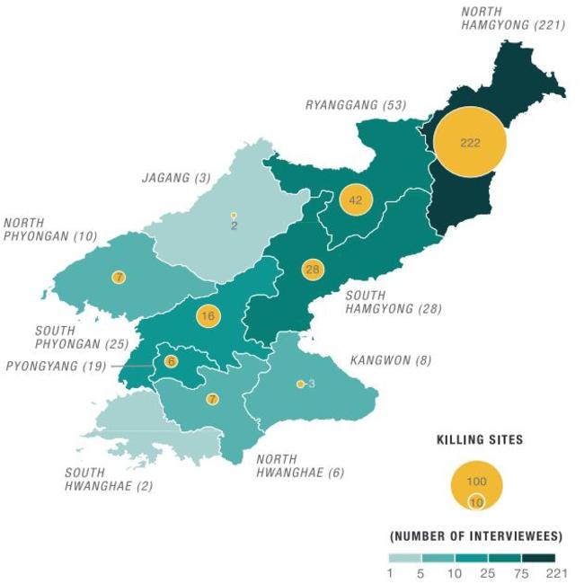 Suspected sites where killings have taken place in North Korea. Picture: Courtesy: The Transitional Justice Working Group