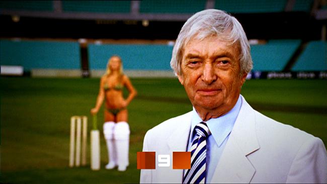 The late, great cricket commentator Richie Benaud and model Lara Bingle in the Ashes cricket advertisement campaign. Picture: Channel Nine.