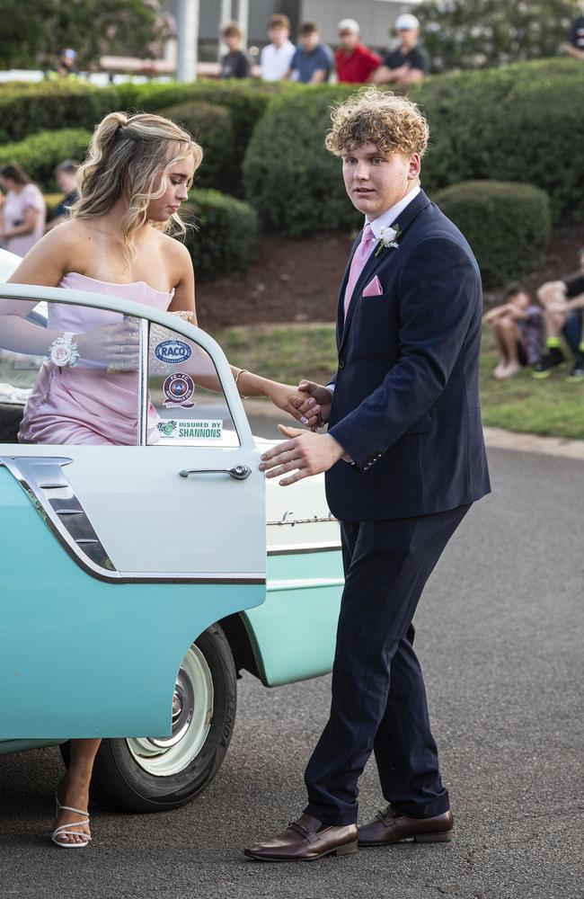 Graduates Alannah Brosnan and Oscar Spies arrive at Mary MacKillop Catholic College formal at Highfields Cultural Centre, Thursday, November 14, 2024. Picture: Kevin Farmer