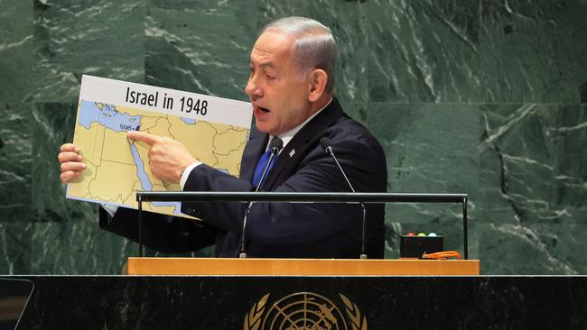 Israeli Prime Minister Benjamin Netanyahu holds up a map as he speaks during the United Nations General Assembly (UNGA) at the United Nations headquarters on September 22, 2023 in New York City. Picture: Michael M. Santiago, Getty.