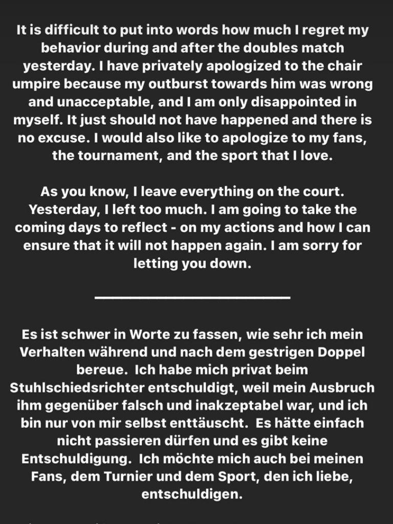 Alexander Zverev posted this message on Instagram. Photo: Via @jon_wertheim.