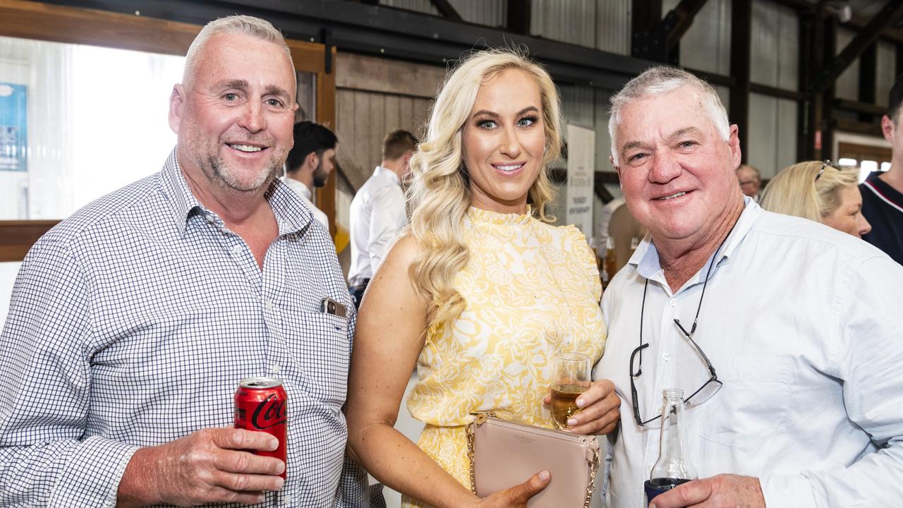 Scott Pengelly (left), Jessica Khoury and Mark Currie at the slot holder draw luncheon for Mort and Co King of the Mountain at The Goods Shed, Friday, October 7, 2022. Picture: Kevin Farmer