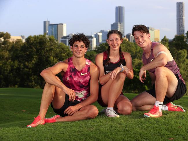 Athletes Calab Law, Amaya Mearns, and Lachlan Kennedy at Victoria Park. This is a Courier-Mail print photo leading up to the Brisbane Olympic venue announcement. Pics Adam Head