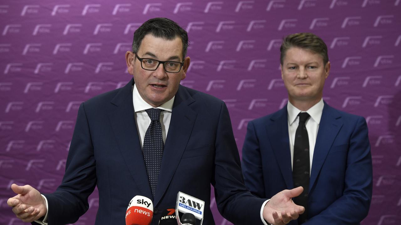 Victorian Premier Daniel Andrews and Minister for Public Transport Ben Carroll at yesterday’s announcement. Picture: NCA NewsWire / Andrew Henshaw