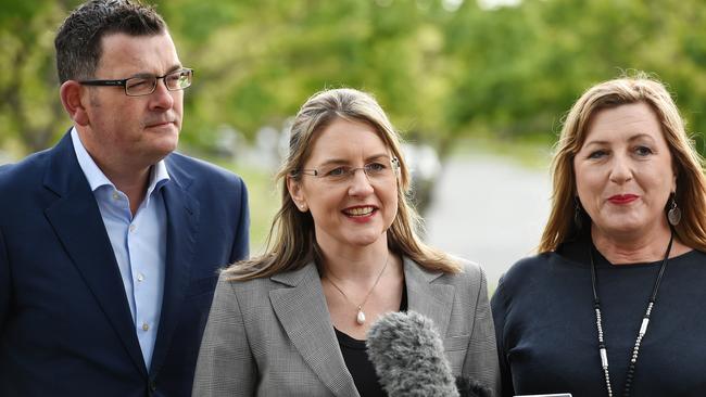 Premier Daniel Andrews, Minister for Public Transport Jacinta Allen and Parliamentary Secretary for Regional Victoria Danielle Green. Picture: Josie Hayden