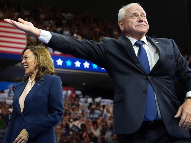 Kamala Harris with vice presidential candidate Tim Walz in Philadelphia, Pennsylvania. Picture: Getty Images via AFP