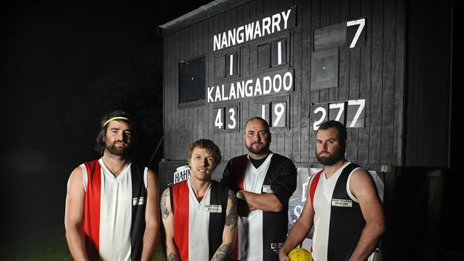 Nangwarry Football Club's Jay Ingley, Harley Dunn, Brad Talbot and Aidan Mills are still battling on after their team has lost 58 matches in a row. Picture: Tom Huntley