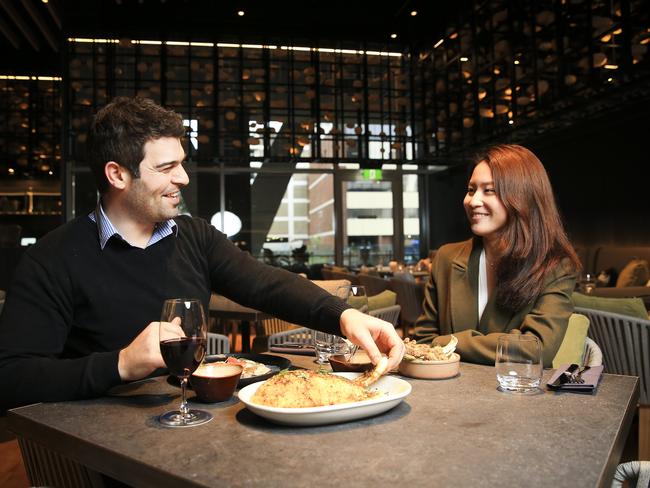 Anthony Caudullo and Lee Kai Yun dining at Parramatta restaurant Husk &amp; Vine. Picture: Dylan Robinson