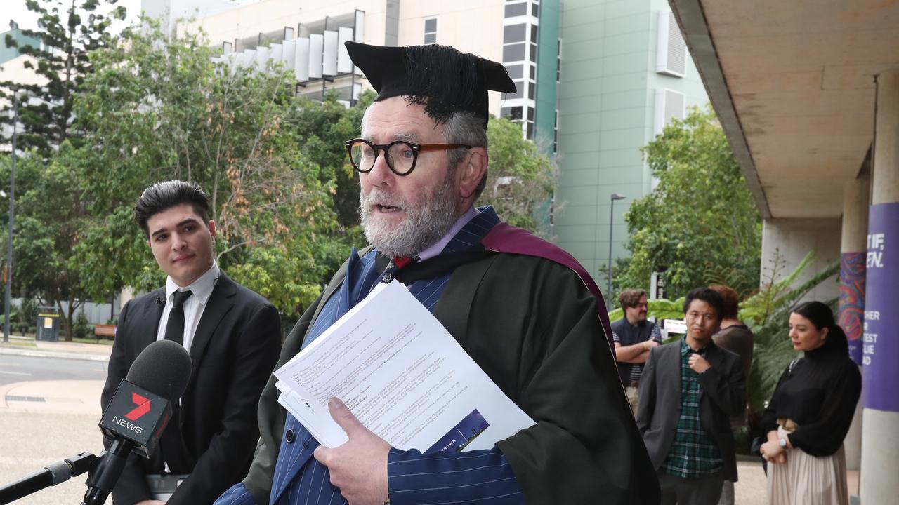 Tony Morris, QC, with Drew Pavlou, after a hearing into Pavlou’s suspension from the University of Queensland. Picture: Annette Dew.