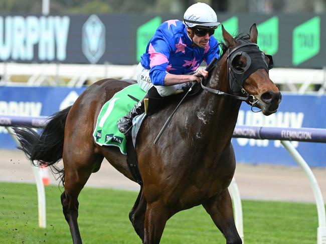 MELBOURNE, AUSTRALIA - AUGUST 03: Billy Egan riding Detroit City winning Race 1, the Tab We're On - Betting Odds during Melbourne Racing at Flemington Racecourse on August 03, 2024 in Melbourne, Australia. (Photo by Vince Caligiuri/Getty Images)