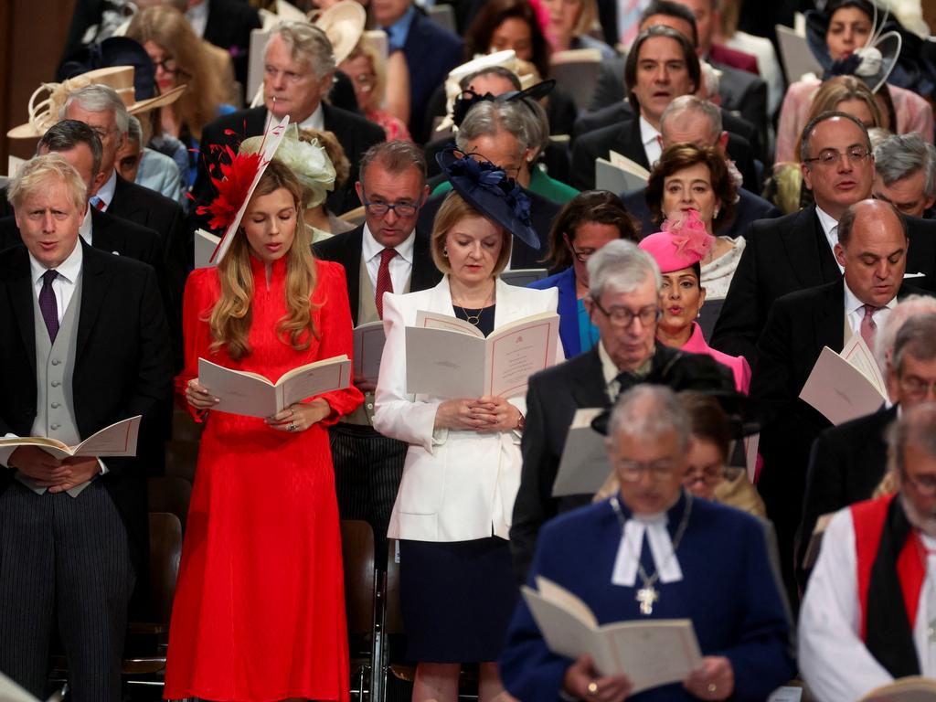 British Prime Minister Boris Johnson, his wife Carrie Johnson, British Foreign Secretary Liz Truss, Home Secretary Priti Patel and Defence Secretary Ben Wallace. Picture: Getty