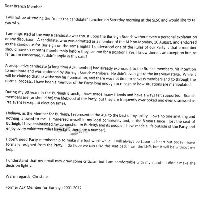 Former MP Christine Smith's letter of resignation from the Labor Party.