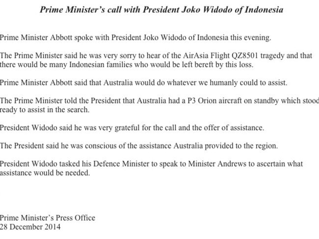 Prime Minister Tony Abbott has contacted President Joko Widodo of Indonesia.