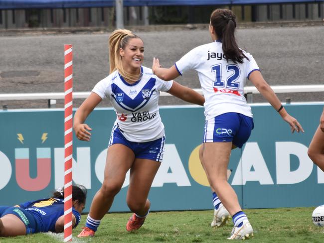 Audrey Nadaya-Harb celebrates her try. Picture: Sean Teuma