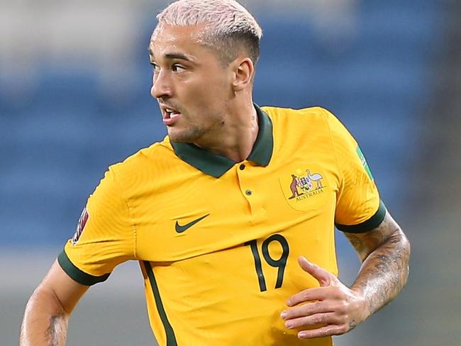 AL WAKRAH, QATAR - JUNE 01: Jason Davidson of Australia on the ball during the International Friendly match between Jordan and Australia Socceroos at Al Janoub Stadium on June 01, 2022 in Al Wakrah, Qatar. (Photo by Mohamed Farag/Getty Images)