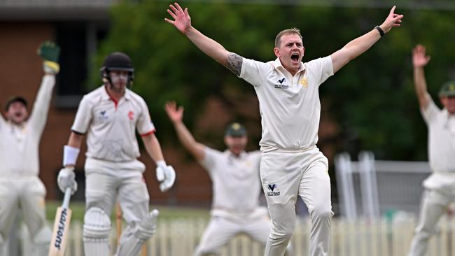 EssendonÃs Liam Molloy survives an LBW decision from NorthcoteÃs Jonty Rushton during the Victorian Premier Cricket Northcote v Essendon match at Bill Lawry Oval in Northcote, Saturday, Feb. 25, 2023.Picture: Andy Brownbill