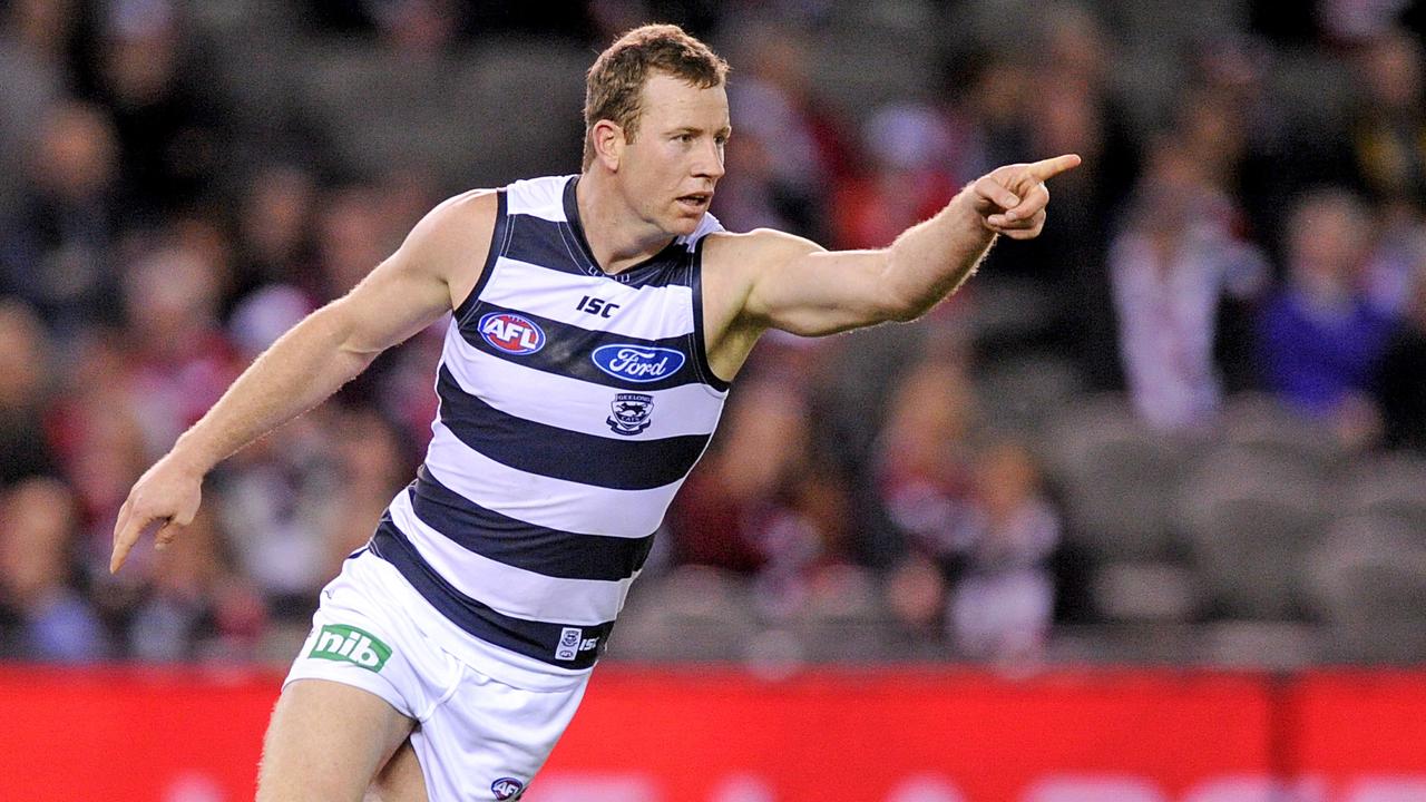 Steve Johnson, playing for Geelong in 2015, is one of a handful of players from the 2007 premiership team to remain in football. Picture: AAP Image/Joe Castro.