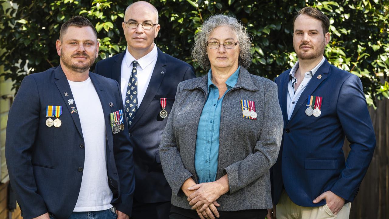 Australian Army veteran Liz Fitzgibbon is pictured with fellow servicemen (from left) Joshua Hawkins, Allan Traise and Sheldon Rogers. Picture: Kevin Farmer