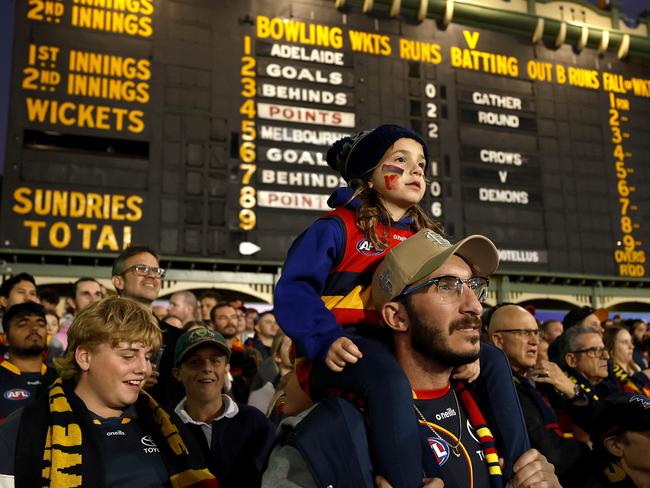 Crows fans during the AFL Gather Round match between the Adelaide Crows and Melbourne Demons at the Adelaide Oval on April 4, 2024. Photo by Phil Hillyard(Image Supplied for Editorial Use only - **NO ON SALES** - Â©Phil Hillyard )