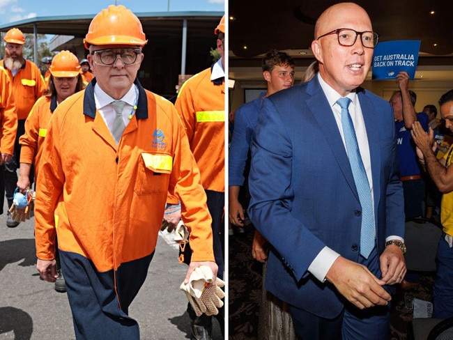 Anthony Albanese visiting Tomago Aluminium, left, and Peter Dutton at Arana Leagues Club. Picture: NewsWire/Adam Yip, Lachie Millard