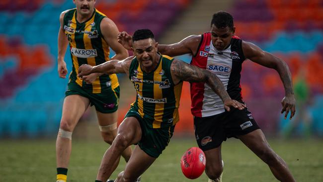 Warwick Williams and Roy George in the Southern Districts vs PINT 2023-24 NTFL men's elimination final. Picture: Pema Tamang Pakhrin