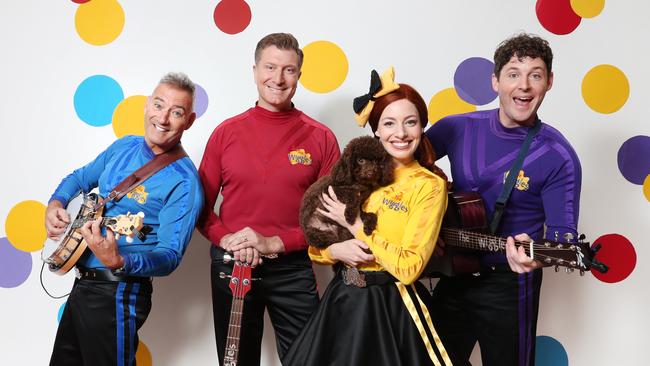 The Wiggles, L-R: Anthony Field, Simon Price, Emma Watkins, and Emma’s ex-husband and Lachlan Gillespie. Picture: Richard Dobson