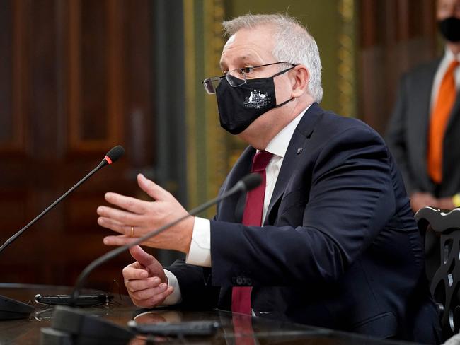 Prime Minister Scott Morrison meets with Vice President Kamala Harris and Japanese Prime Minister Yoshihide Suga at the Eisenhower Executive Office Building next to the White House in Washington, DC. Picture: AFP