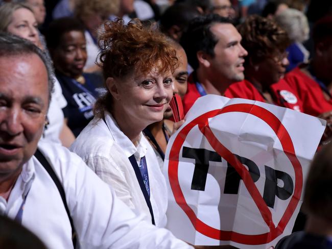 Actress Susan Sarandon holds a sign during the first day of the Democratic National Convention at the Wells Fargo Center, last month in Philadelphia, Pennsylvania. Picture: Chip Somodevilla