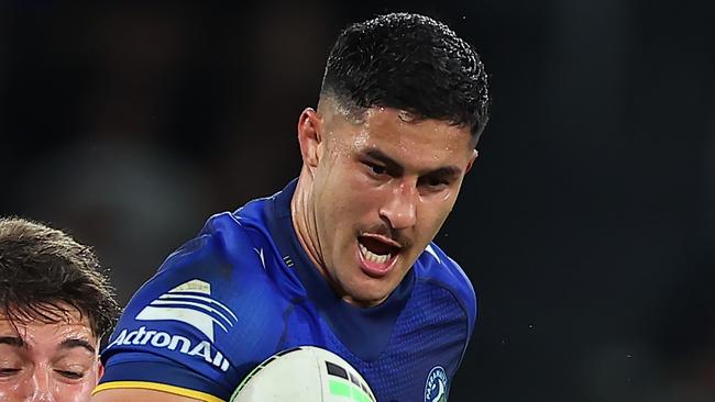 SYDNEY, AUSTRALIA - AUGUST 09: Dylan Brown of the Eels is tackled by Mavrik Geyer of the Panthers during the round 23 NRL match between Parramatta Eels and Penrith Panthers at CommBank Stadium, on August 09, 2024, in Sydney, Australia. (Photo by Jeremy Ng/Getty Images)